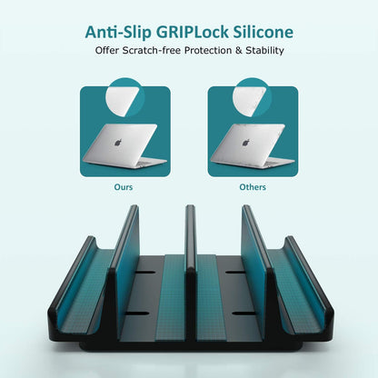 Vertical Laptop Stand - SPACEMax Adjustable GRIPLock Anti-Tip Silicone 4 Slots Aluminum Desktop Holder - Double Dock Stand - 2 Phone Slots Fits Up to 17.3” Laptops, Tablets, Phones - Silver