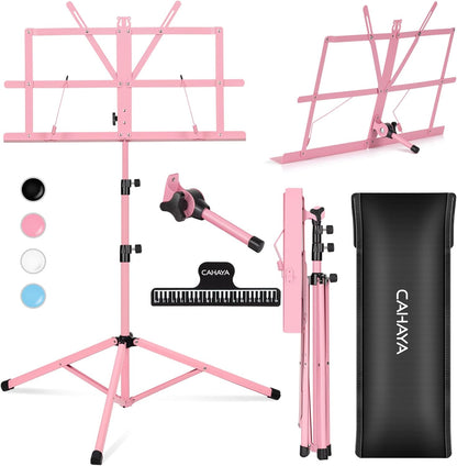 CAHAYA Portable Sheet Music Stand: Dual Use Desktop Book Holder Folding Lightweight Extra Stable Reinforced with Carrying Bag and Clip for Students Musicians Height Adjustable up to 54.3" CMS0204