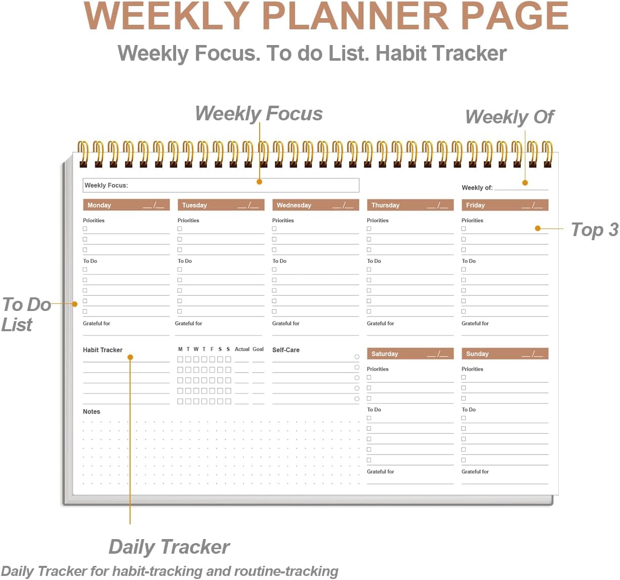 Weekly Productivity Planner - 8" x 11" Dashboard Desk Pad/Planner, Habit Tracker, Spiral Undated Weekly Planner for Office/School/Home, 54 Weeks, Black