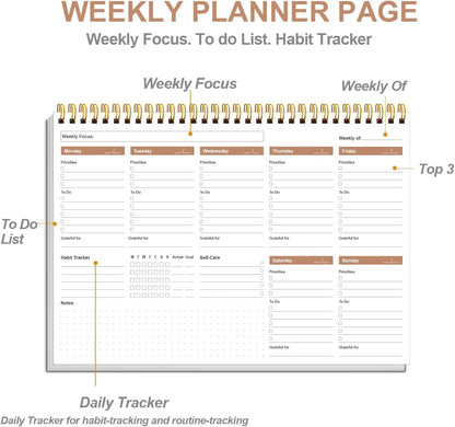 Weekly Productivity Planner - 8" x 11" Dashboard Desk Pad/Planner, Habit Tracker, Spiral Undated Weekly Planner for Office/School/Home, 54 Weeks, Black