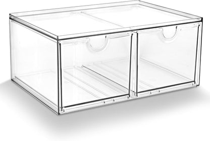 Prsildan Acrylic Drawer Makeup Organizer with 6 Drawers (Not for Baby Bottle), Set of 2 Office Desk Organizers Accessories, Clear Stackable Storage Drawers for Vanity, Craft (Largest Drawer 4" Tall)