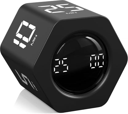 Rotating Pomodoro Timer 5, 25, 10 30,60 Mins Preset Stopwatch, Desk Flip ProductivityTimer, ADHD Tool Hexagon, Vibration/Mute/Alarm, for Work, Study, Back to School, Kitchen, Black