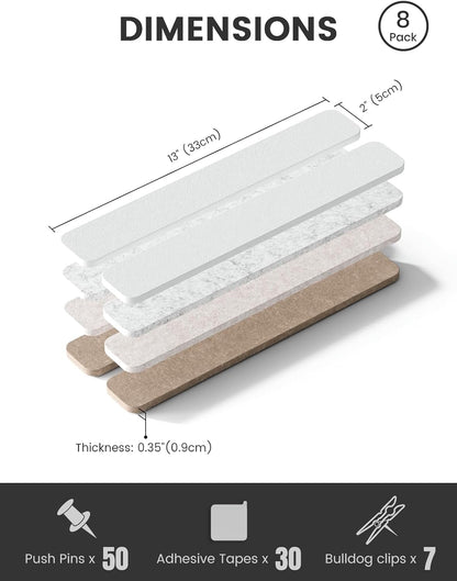 Fluxynara Cork Board Alternative Felt Strip Board 8-Pack 13"x2", Office Pin Board with 50 Push Pins, Adhesive Install for Bedroom Door & Home Office(Linen Dusk)