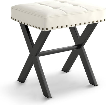 LUE BONA Square Linen Makeup Stool, Metal X Legs, Small Ottoman Stool Chair for Vanity, Modern Padded Seat Foot Rest for Makeup Room, Bathroom
