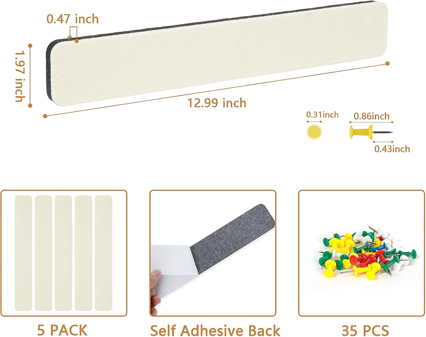Felt Pin Board Bar Strips Bulletin Board for Bedrooms Offices Home Wall Decoration, Notice Board Self Adhesive Cork Board with 35 Push Pins for Paste Notes, Photos, Schedules