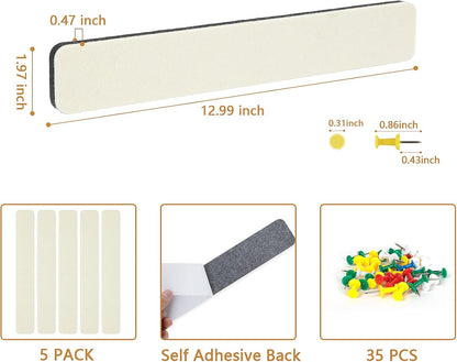 Felt Pin Board Bar Strips Bulletin Board for Bedrooms Offices Home Wall Decoration, Notice Board Self Adhesive Cork Board with 35 Push Pins for Paste Notes, Photos, Schedules