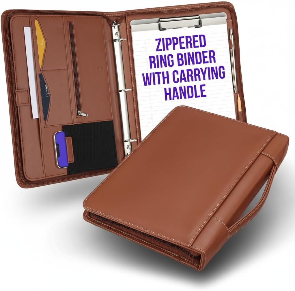 STYLIO Zipper Padfolio Portfolio Binder Organizer | Faux Leather Portfolio for Resume, Documents, Phone, Tablet, Business Supplies and Cards | Notebook Organizer with Letter Sized Notepad Included