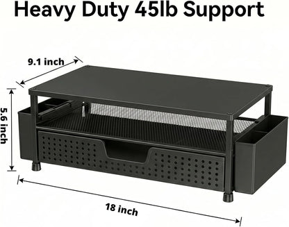 ECOLOVI Desk Organizer and Accessories, 2-Tier Computer Monitor Stand Rise with Storage Drawer & 2 Pen Holders, Laptop & Printer Stand for Desktop, Workspace Organizers for Office Supplies (Brown)