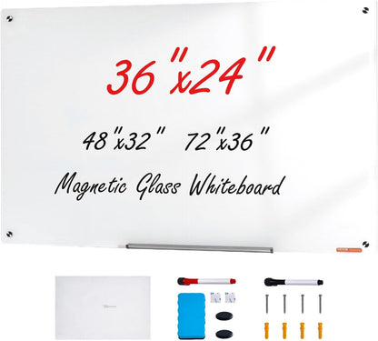 VEVOR Magnetic Glass Whiteboard, Dry Erase Board 36"x24", Wall-Mounted Large White Glassboard Frameless, with Marker Tray, an Eraser and 2 Markers, Black