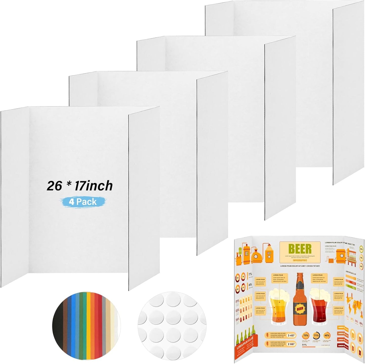4 Pcs Trifold Poster Board, 21.5x14 inches Small White Poster Board Comes with Sticky Accessories, Corrugated Presentation Boards, Display Board for School Projects, Business Presentations