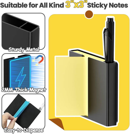 Sticky Note Dispenser, Magnetic Sticky Note Holder for Post It Notes, 3 x 3 Inch Sticky Note Pen Organizer for Office Home Classroom, Black