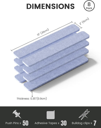 Fluxynara Cork Board Alternative Felt Strip Board 8-Pack 13"x2", Office Pin Board with 50 Push Pins, Adhesive Install for Bedroom Door & Home Office(Linen Dusk)