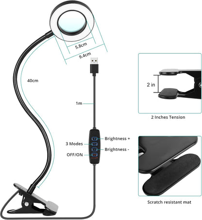 Woputne Desk Lamp Clip Light, 10 Dimmable Brightness 3 Light Modes Reading Light, Clamp Bedside Lamp for Painting, Craft, Study (Black)