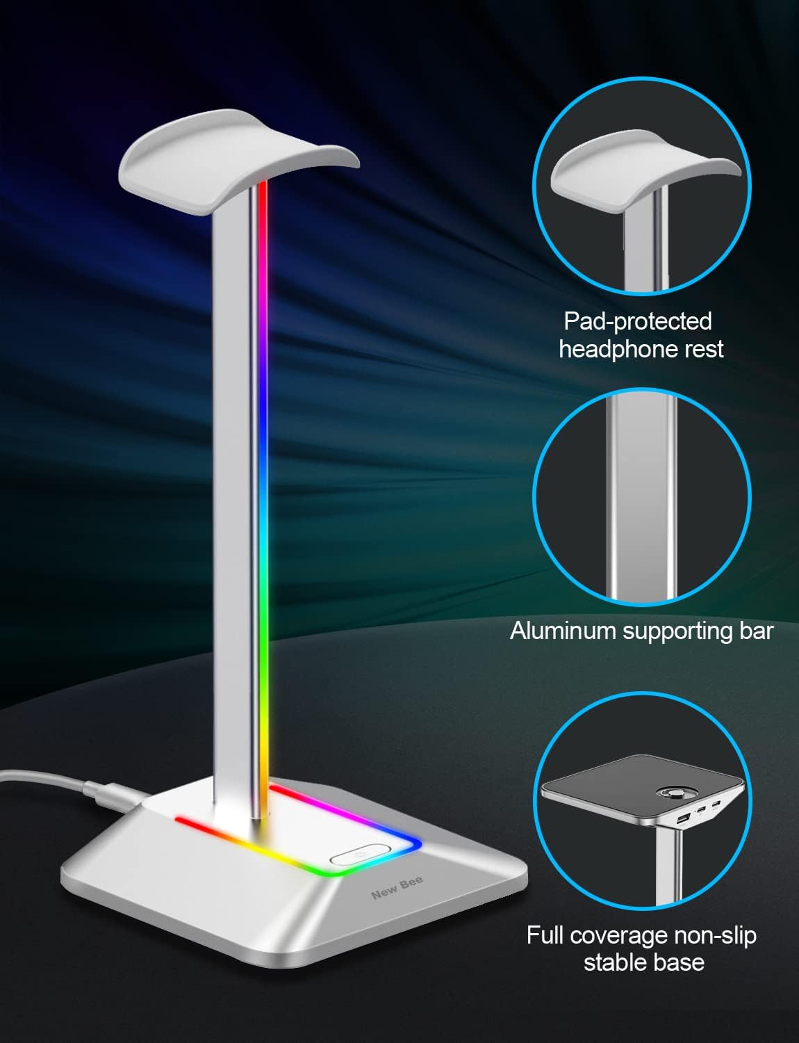 New Bee Headphone Stand with RGB Lighting, Sturdy Aluminum Gaming Headset Holder with USB-C & USB Charging Ports, Stable Desktop Earphone Stand for All Headphones Size, Black