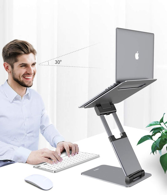 Nulaxy Height Adjustable Laptop Stand for Desk, Dual Foldable Aluminum Computer Riser, Pull Out Design Ergonomic Sit to Notebook Holder Convertor, Compatible with All 10-17" Laptops, Tablets, Gray