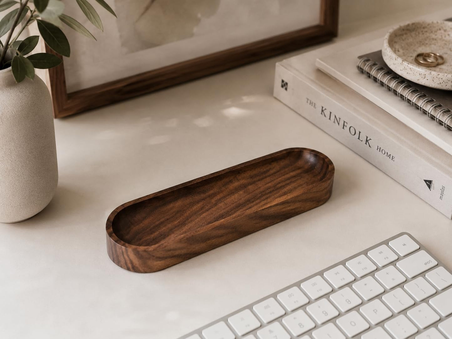 Walnut Wood Pen Tray, Minimalist Oval Wooden Pencil Holder, Office Desk Organizer, Writing Instrument Rest, Work Student Teacher Gift