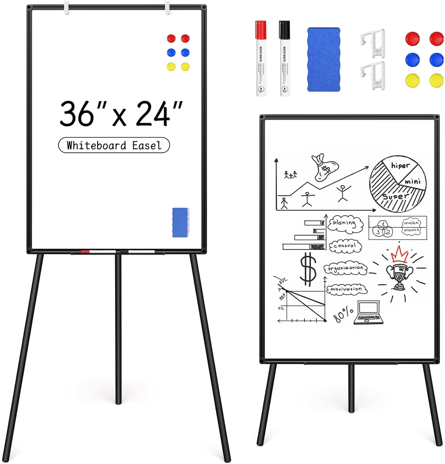 Magnetic Whiteboard Easel Stand, Dry Erase 36 x 24 White Board with Height Adjustable Tripod Stand, 3' x 2' Flipchart Easel Stand Presentation Board, 6 Magnets, 1 Eraser, 2 Pens
