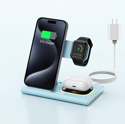 3 in 1 Foldable Charging Station for Apple Products,Wireless Charger for iPhone 17 16 15 14 13 12 Pro Max,Travel Dock Adapter&Light for iWatch Series 11 10 9 Ultra 3/2 SE 3/2,for AirPods 4 3 2 Pro 3/2
