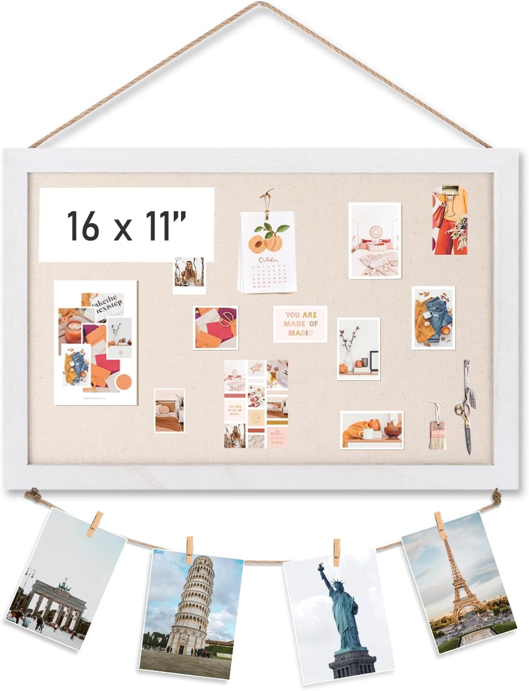 Emfogo Cork Board Vision Board, 16 "x11 White Linen Cork Boards for Walls with Frame, Pin Board Bulletin Board for Home Kitchen School Office Decor