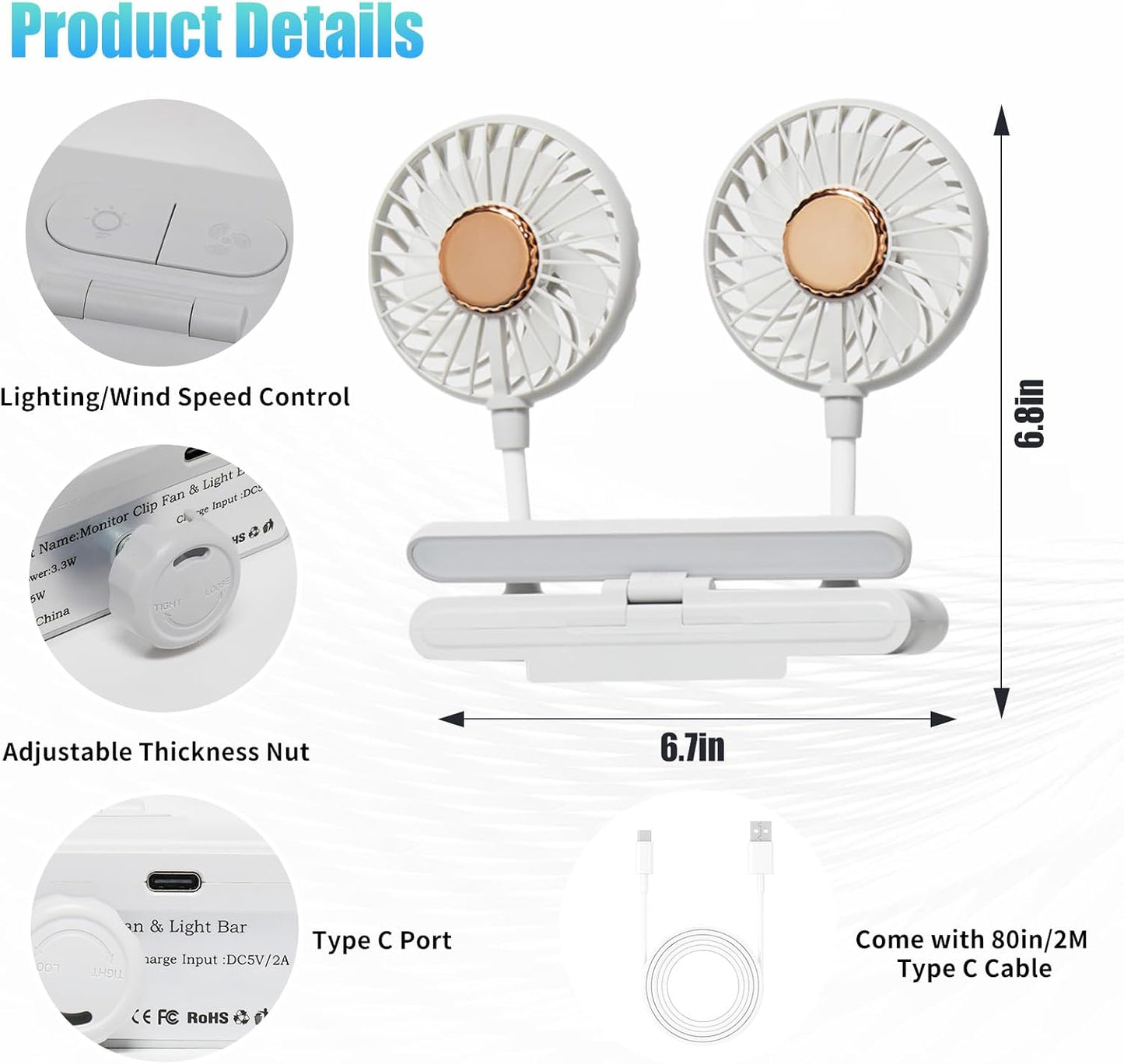 Monitor Fan with LED Lights, USB Desktop Fan with 2 Rotatable Heads, 3 Speeds Desk Fans Small Quiet with Sturdy Adjustable Clamp, Strong Wind Office Personal Cooling Fans for Laptop, Desktop.