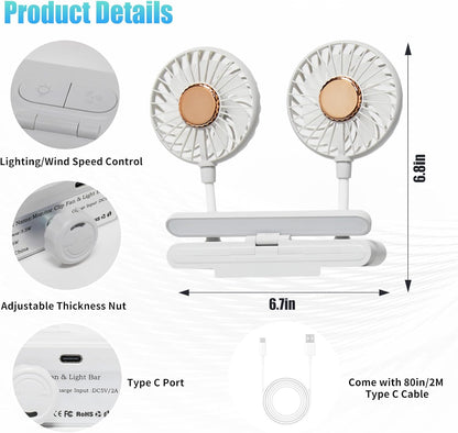Monitor Fan with LED Lights, USB Desktop Fan with 2 Rotatable Heads, 3 Speeds Desk Fans Small Quiet with Sturdy Adjustable Clamp, Strong Wind Office Personal Cooling Fans for Laptop, Desktop.