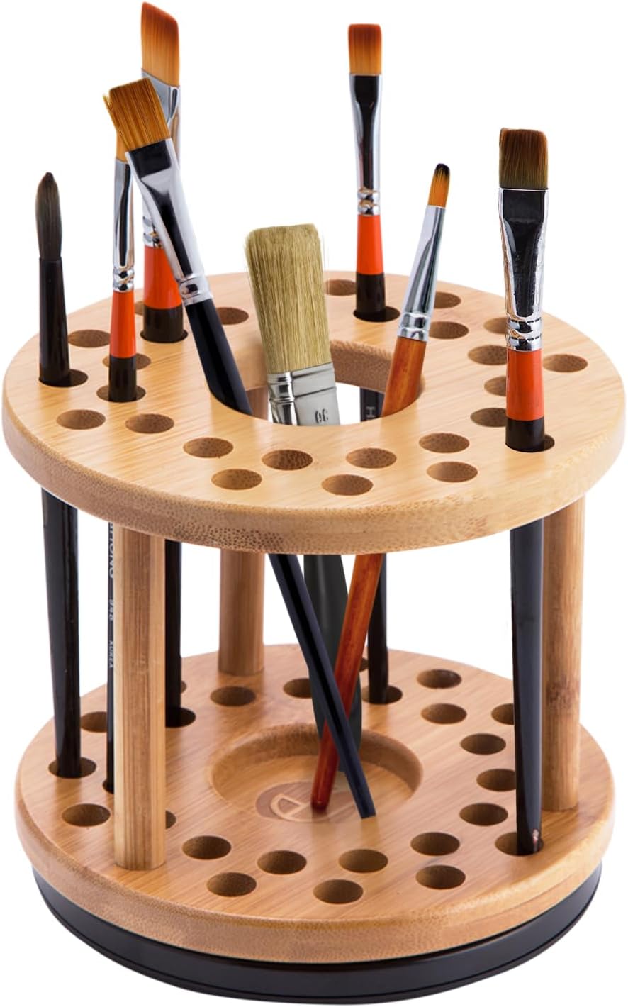 JackCubeDesign 360 Rotating Paint Brush Holder Bamboo Watercolor Artist Brush Water Coloring Organizer Display Stand Tray Rack with 27 Holes and 1 Big Hole – MK441A