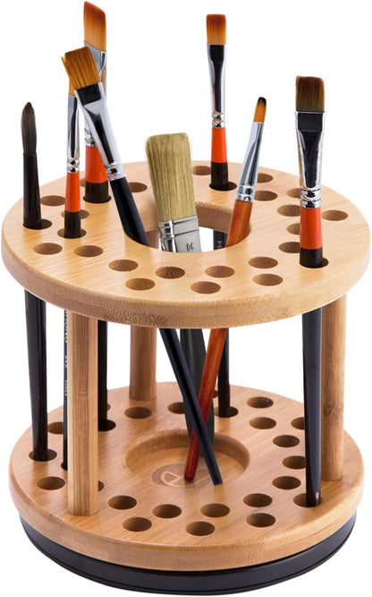 JackCubeDesign 360 Rotating Paint Brush Holder Bamboo Watercolor Artist Brush Water Coloring Organizer Display Stand Tray Rack with 27 Holes and 1 Big Hole – MK441A