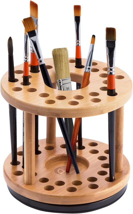 JackCubeDesign 360 Rotating Paint Brush Holder Bamboo Watercolor Artist Brush Water Coloring Organizer Display Stand Tray Rack with 27 Holes and 1 Big Hole – MK441A