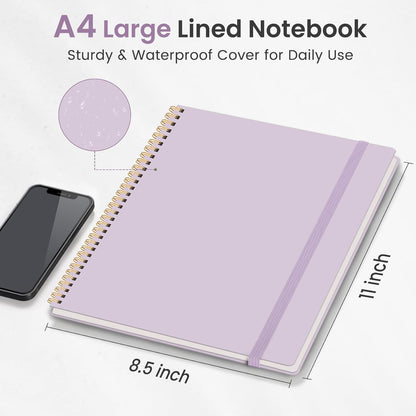 Taja Spiral Lined Notebook, 8.5"x11" Notebooks for Work, Large A4 Journal for Women & Men, College Ruled Journaling Notebook for Writing, Plastic Cover Spiral Journal, Purple