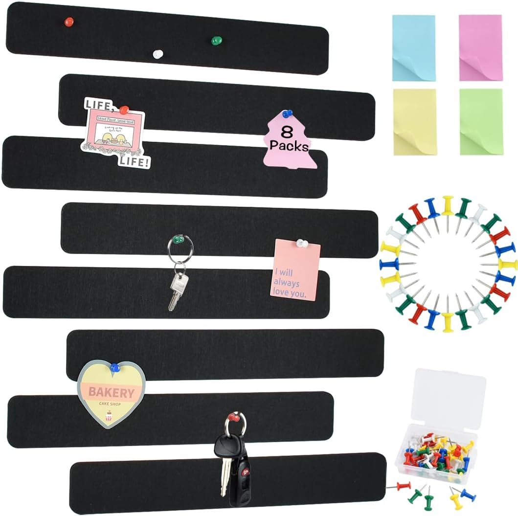 Vuzvuv 8 pcs Bulletin Board Bar Strips with 50 Pushpins & 10 Wooden Clip pins，Self Adhesive Cork Board for Wall，Felt Pin Board for School，Office Decor（Black White Grey）