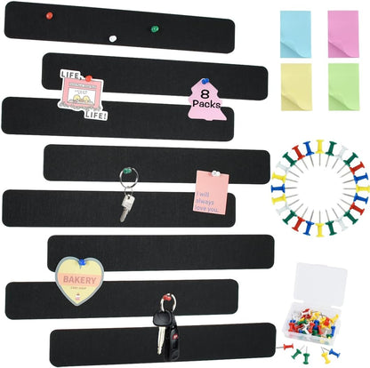 Vuzvuv 8 pcs Bulletin Board Bar Strips with 50 Pushpins & 10 Wooden Clip pins，Self Adhesive Cork Board for Wall，Felt Pin Board for School，Office Decor（Black White Grey）