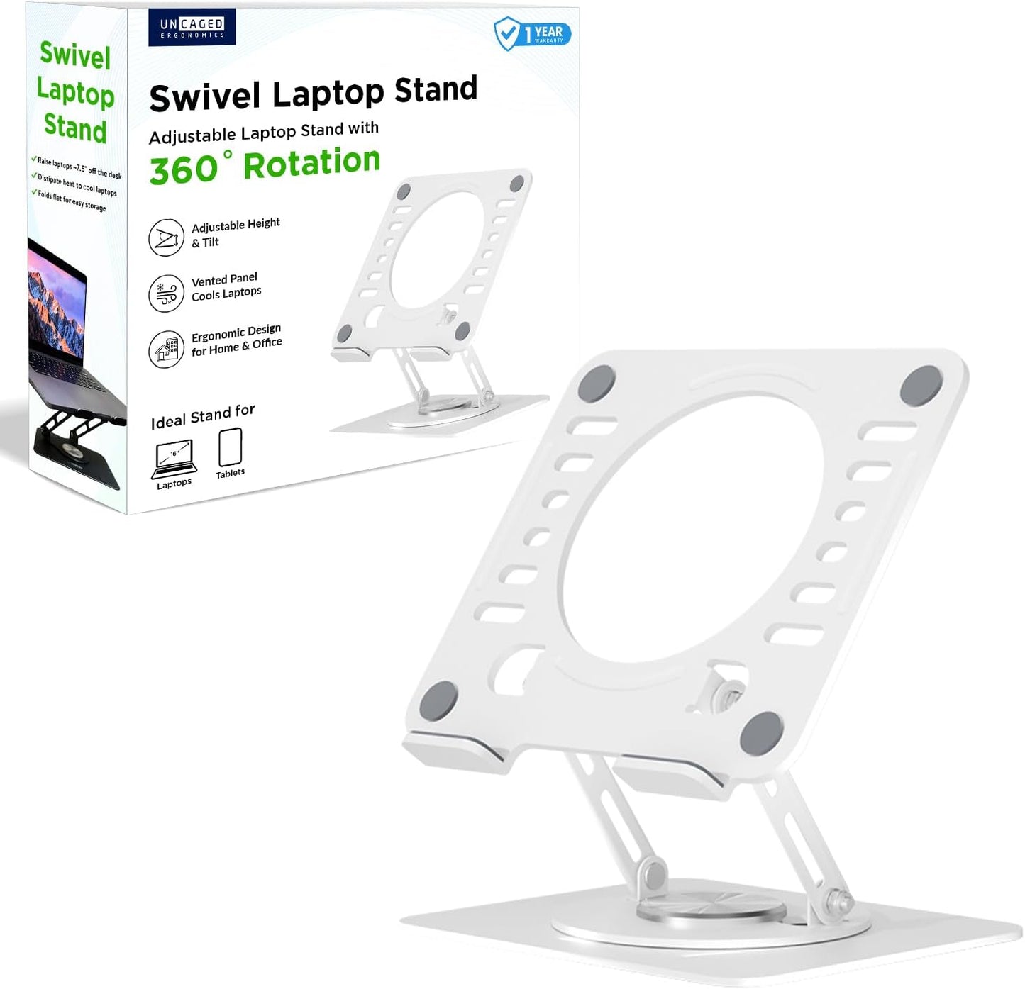 Uncaged Ergonomics Swivel Laptop Stand for Desk, Adjustable Computer iPad Stand for Desk w/ 360 Rotation, Portable Laptop Holder for Home Office Ergonomic Supplies