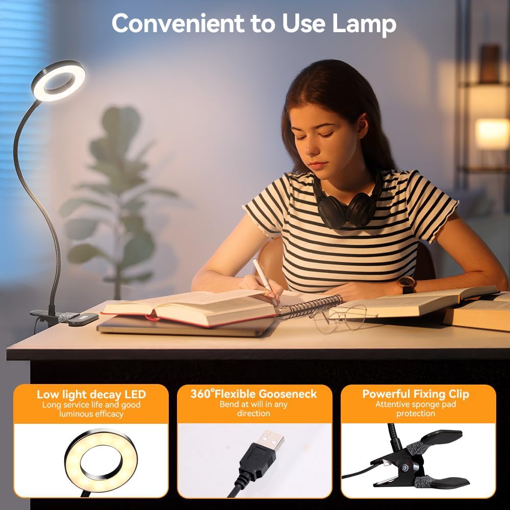 Skymore Clip on Light -3 Color Modes&10 Brightness LED Reading Desk Light with Clamp Flexible Gooseneck Book Light for Kids' Bedtime Reading, Zoom Meetings, Clip on Table, Headboard, Dorm&Office Use
