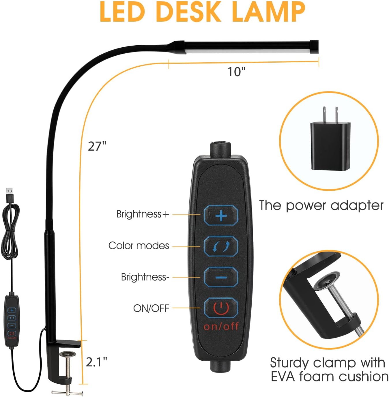 Voncerus LED Desk Lamp with Clamp, Eye-Caring Clip on Lights for Home Office, 3 Modes 10 Brightness, Long Flexible Goose-Neck, Metal, Swing Arm Architect Task Table Lamps with USB Adapter, White