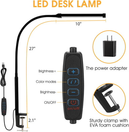 Voncerus LED Desk Lamp with Clamp, Eye-Caring Clip on Lights for Home Office, 3 Modes 10 Brightness, Long Flexible Goose-Neck, Metal, Swing Arm Architect Task Table Lamps with USB Adapter, White