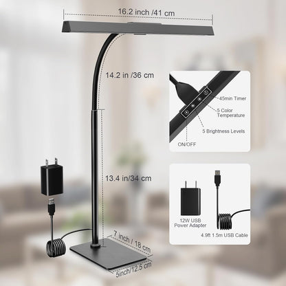 Desk Lamp with USB Charging Port for Home Office 24w Architect Remote Base Dual Task Led Light Modern 5 Color Modes Dimmable Adjustable Gooseneck Double Head Reading Drafting Eye Caring Tall Lamps