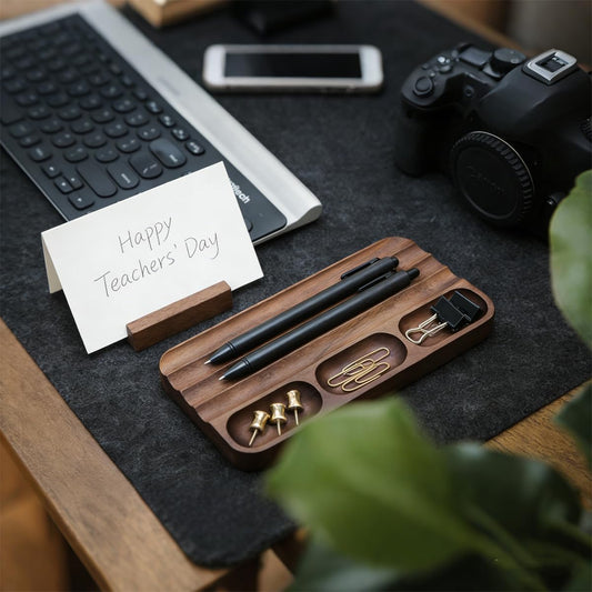Pen Holder Organizer of Office desks,Walnut Desk Pen Stand,Wave Pen TrayOffice Accessory,Teacher Gifts,Suitable for School,Home,Office Desktop Art Accessories (Walnut-5 Grid)