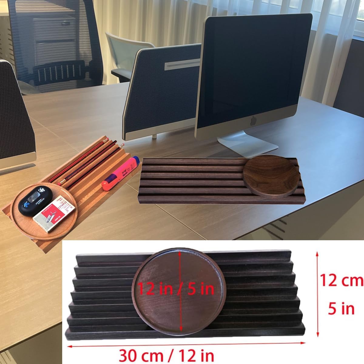 Pen Holder Wave Pen Tray Wooden Desk Organizer,Pencil Holder,Fountain Tray,Pencil Organizer for Desk (Walnut)