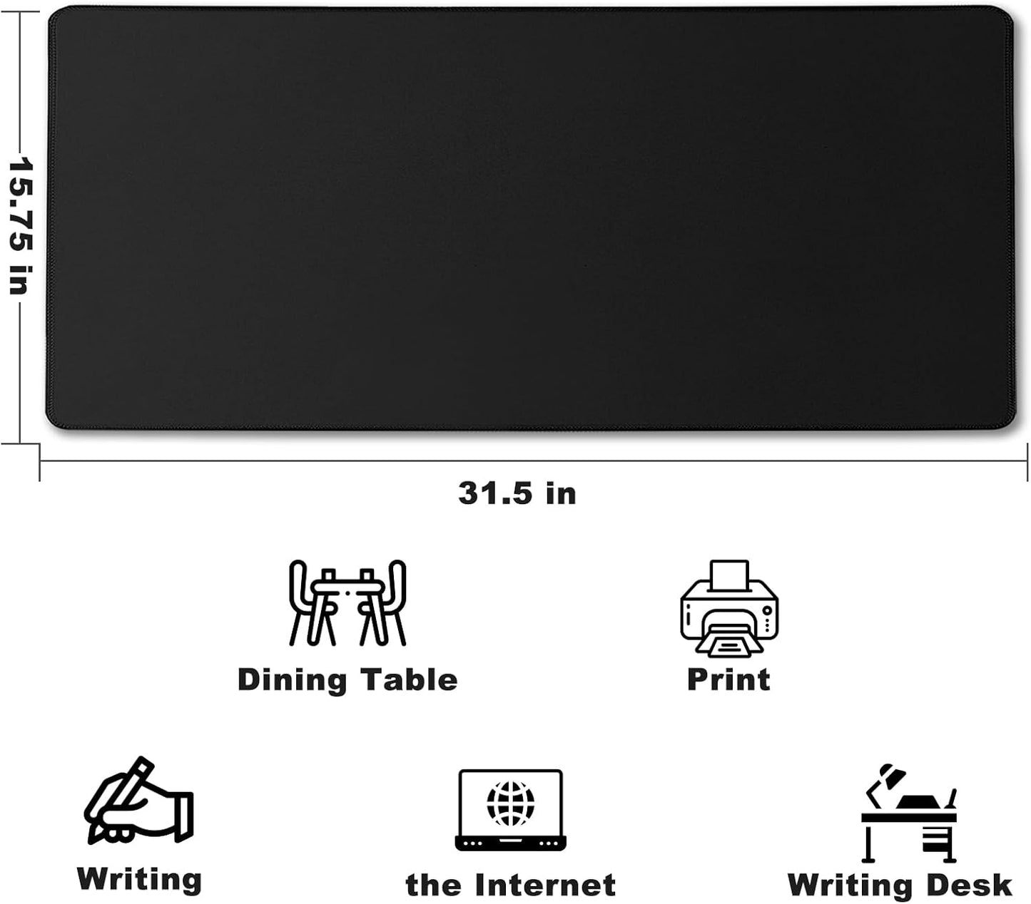 31.5" x 15.7" Waterproof Fabric Desk Pad, Rubber Anti-Slip Base, Stitched Edges No Curling, Fits Laptop Keyboard and Mouse, Smooth Office Mat Large Mouse Pad for Work Game, Black