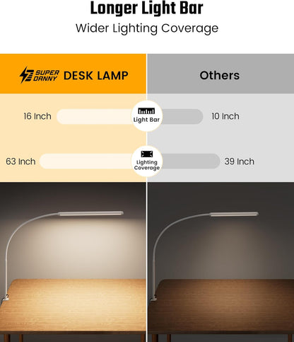 SUPERDANNY Eye-Caring LED Desk Lamp 360° Flexible Gooseneck Work Lamp with Desk Side Clamp Touch Control 3 Light Colors Smooth Dimming Task Lighting Reading Light for Home Office College Dorm, Black