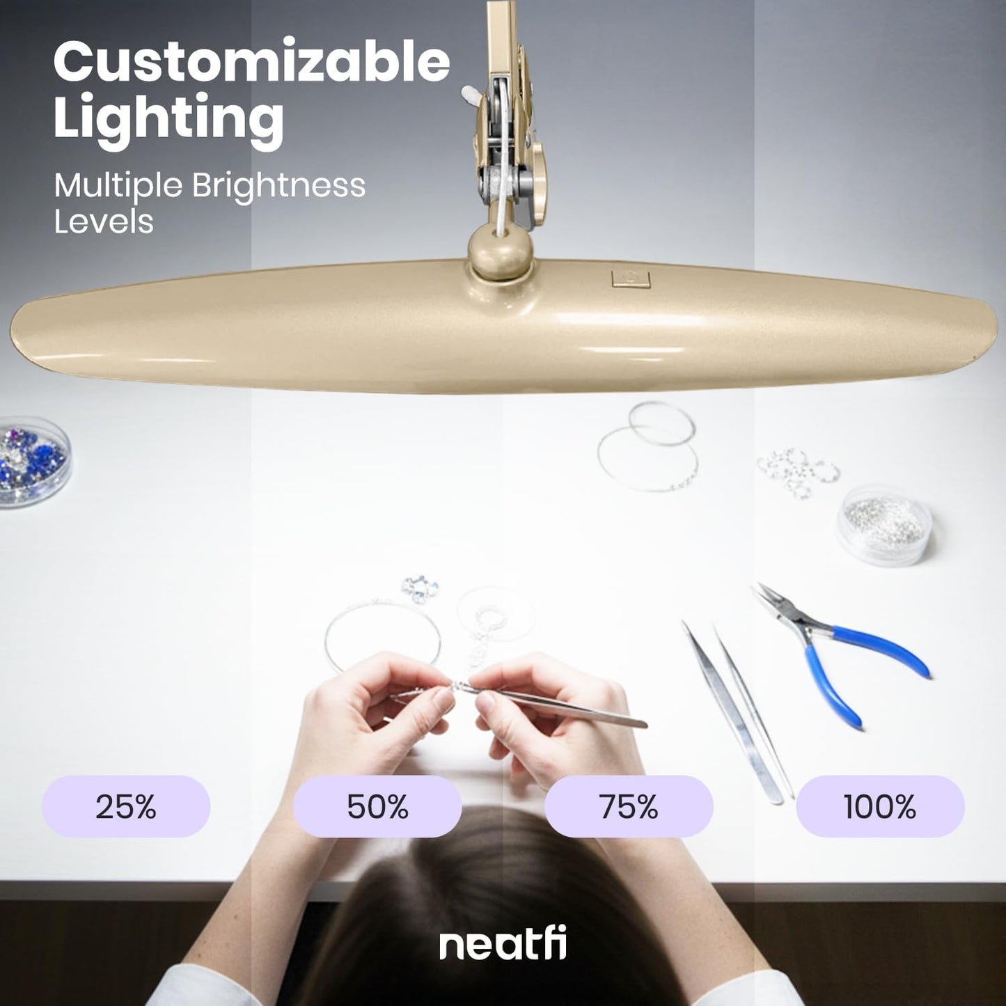 Neatfi XL 2200 Lumens 24W LED Desk Lamp – Shadow-Free Task Lighting | 4-Level Dimming | Home Office & Crafts Use | 20-Inch Wide Head (White, Non-CCT with Clamp)