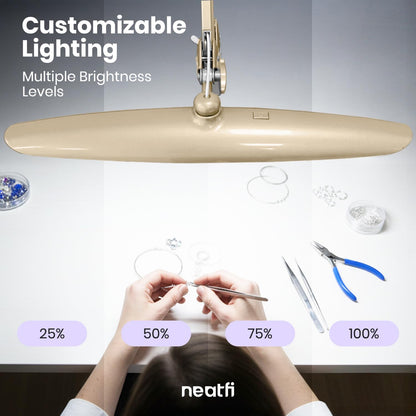 Neatfi XL 2200 Lumens 24W LED Desk Lamp – Shadow-Free Task Lighting | 4-Level Dimming | Home Office & Crafts Use | 20-Inch Wide Head (White, Non-CCT with Clamp)