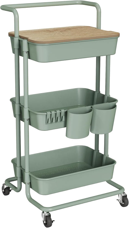 DTK 3 Tier Metal Utility Rolling Cart with Table Top and Side Bags, Tray Storage Organizer Wheels, Art Craft 4 Hooks for Kitchen Bathroom Office Living Room (Black)