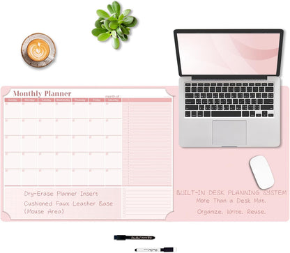 Multi-Functional Dual-Layer Dry Erase Desk Mat, Dry Erase Calendar for Desk - Erasable Desktop Writing Board with Calendar - Non-Slip Faux Leather Desk Protector for Home&Office - 16"x34" Pink