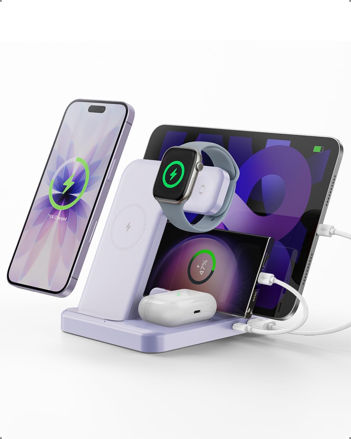 Multiple Devices Charging Station, 5-in-1 Charging Station for iPhone 17 Pro Max/Pro/16/15/14/13/12, iPad Pro/Air/Mini, Apple Watch and Airpods,Wireless Charging Dock(G805) (Black)