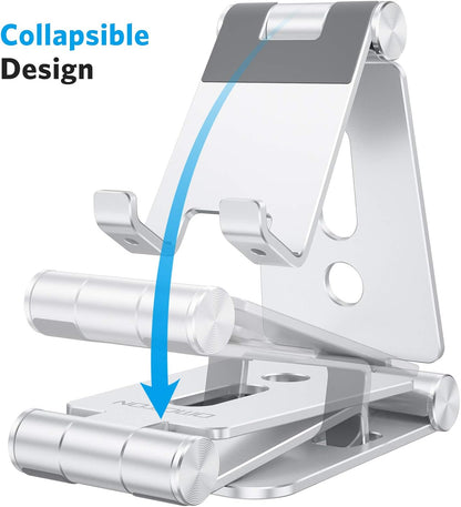 OMOTON Foldable Cell Phone Stand, C4 Portable Aluminum Phone Holder, Adjustable Phone Dock Cradle for iPhone 17/16/15 Pro Max Air, Small Tablets, Smart Phones, Women Men Gift for Fathers Day, Silver