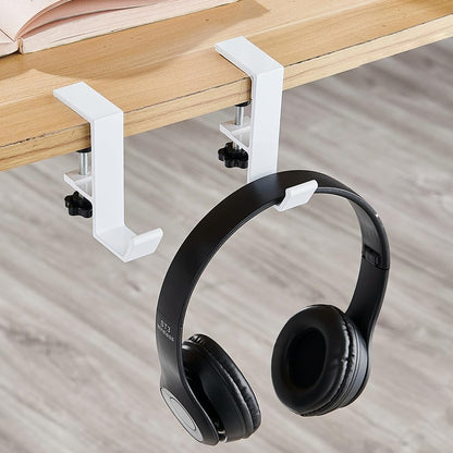 2Pcs Clamp-On Under Desk Headphone Holder Students' Desk Hook Women's Bag Hook with Adjustable Arm Clamp Backpack Handbag and Purse Holder - Suitable for Plate Between 1-5cm / 0.4-1.96” - White