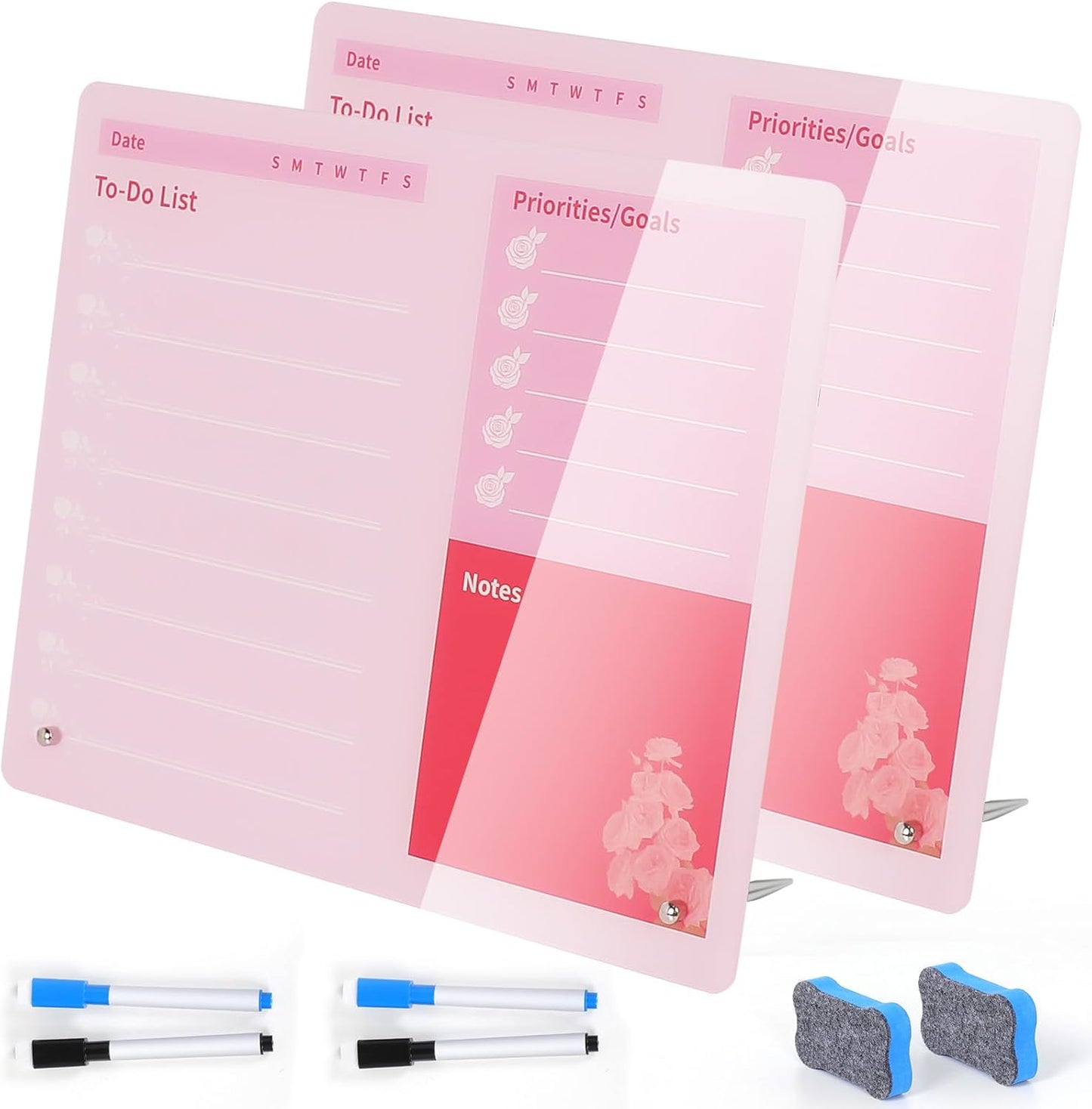 LeMotech Desktop Acrylic Dry Erase Board, 12x10 inches to-Do List Planner, Tabletop Whiteboard with Stand Office Supplies Includes 2 Markers & 1 Eraser, Pink Rose Pattern, 1 Pack