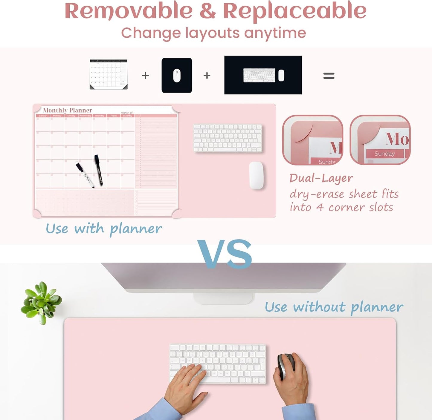 Multi-Functional Dual-Layer Dry Erase Desk Mat, Dry Erase Calendar for Desk - Erasable Desktop Writing Board with Calendar - Non-Slip Faux Leather Desk Protector for Home&Office - 16"x34" Pink