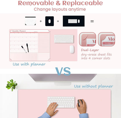 Multi-Functional Dual-Layer Dry Erase Desk Mat, Dry Erase Calendar for Desk - Erasable Desktop Writing Board with Calendar - Non-Slip Faux Leather Desk Protector for Home&Office - 16"x34" Pink